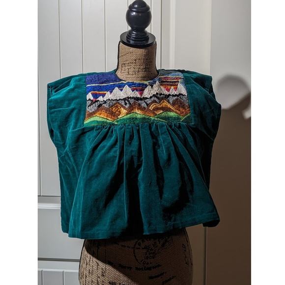 Vintage Homemade Green Velvet Embroidered Mtn. Scene Topper Juniors XS - Picture 3 of 16